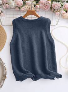 SHEIN LUNE Women Casual Minimalist Solid Color V-Neck Pocket Knit Sweater Vest, Suitable For Autumn And Winter