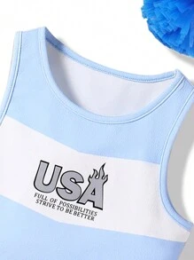 SHEIN Bộ váy thể thao thời trang cho bé gái 2 món/bộ, màu xanh và trắng kết hợp, đồng phục khiêu vũ cổ vũ viên cổ điển có logo chữ ngọn lửa phản quang - Nhiều màu - Xem 5