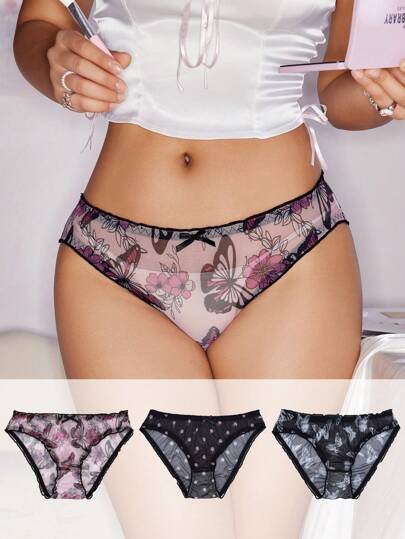 3pcs/Pack Teenagers Girls Simple Casual Underwear With Mesh Bow Decor