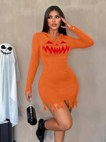 Zolique 全新万圣节南瓜与尖牙图案橙色性感镂空破洞流苏连帽衫紧身迷你女式连衣裙