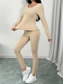 SHEIN Unity 2 件套女士撞色拼布圆领厚款修身长袖上衣和紧身裙 - 卡其色 - 查看 1