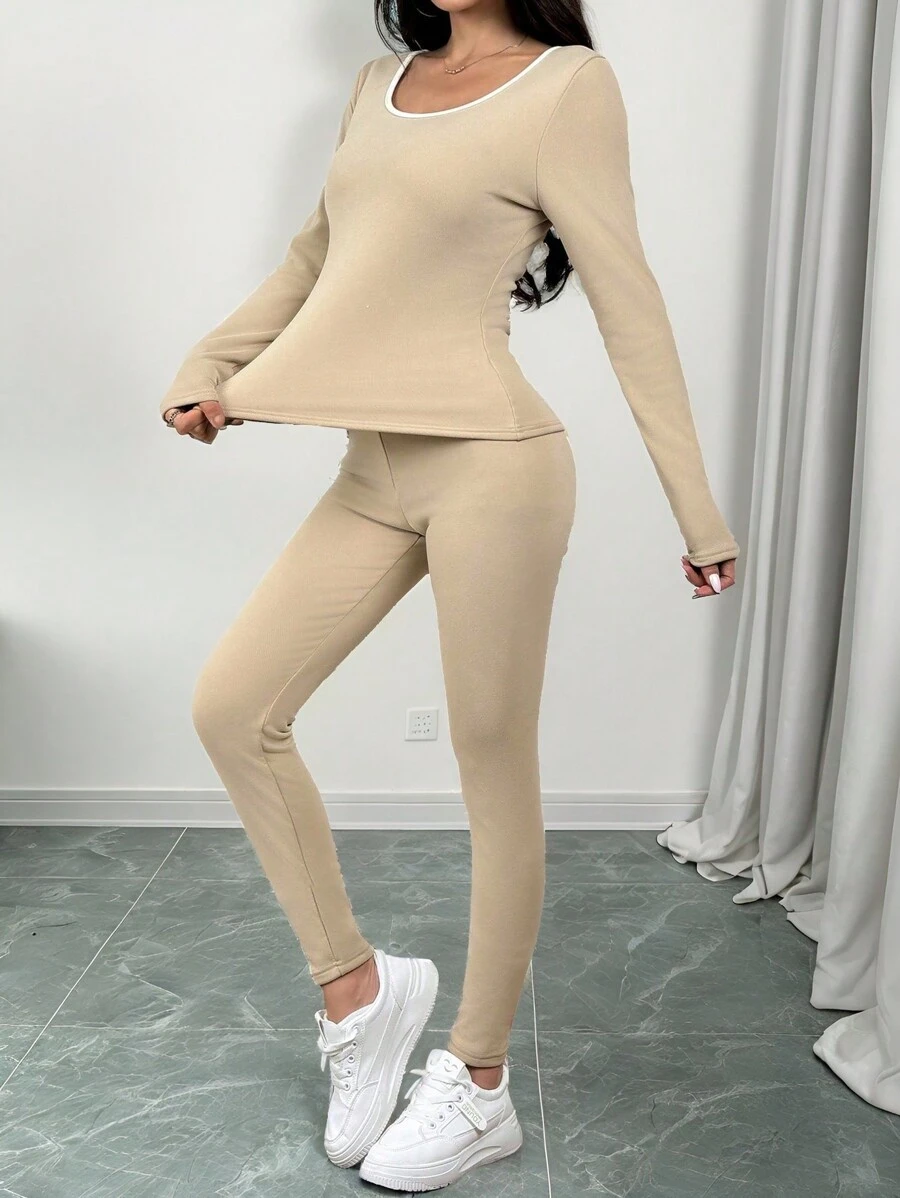 SHEIN Unity 2 件套女士撞色拼布圆领厚款修身长袖上衣和紧身裙 - 卡其色 - 查看 1