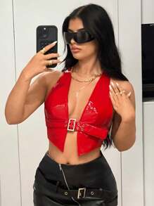 SHEIN ICON 女式夏季时尚 PU 皮革细节短款露背背心 Y2K 新年派对红色短款 V 领性感上衣 - 紅色 - 查看 6