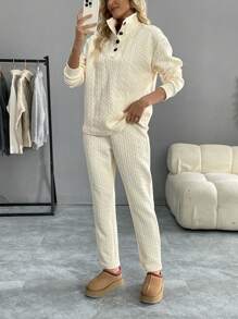 SHEIN LUNE Women 2pcs Set Solid Color Front Button Long Sleeve Casual Top And Pants