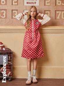 SHEIN 1 件女童棒球领插肩袖收腰连衣裙，都市休闲风格适合户外、街头、学校、派对等。 - 玫紅色 - 查看 8