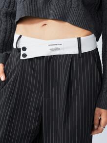 LYSMO Patchwork Waistband Striped Print Pocket Elegant Office Pants - Dark Grey - View 5