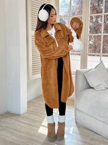 Abrigo de franela con bolsillo con solapa y hombros caídos para otoño/invierno - Marrón - Ver 6