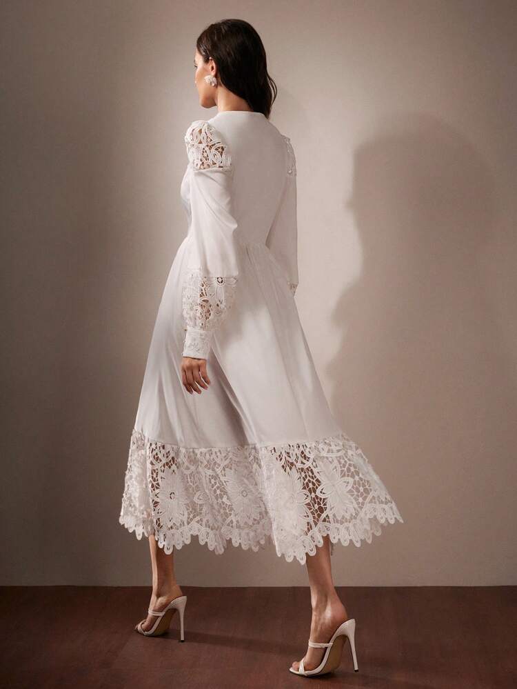 Elegant Lace Embroidered Midi Dress, Suitable For Spring/Autumn Maxi Women Outfit