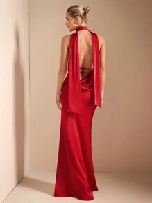 SHEIN BAE 1 件女式性感露背系带美人鱼下摆深 V 领无袖连衣裙，适合鸡尾酒会、浪漫约会、秋冬分层、派对、婚礼伴娘、夜间外出、万圣节、圣诞节 - 紅色 - 查看 8
