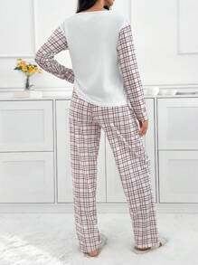 EURMUSE 2pcs Cotton Plaid Block Shirt And Plaid Patterned Lounge Bottom Homewear Set - White - View 2