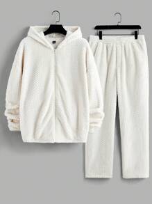 Manfinity VCAY 2pcs Men's Casual Knitted Loose Fit Long Sleeve Hoodie Jacket & Elastic Waist Straight Leg Pants Set, Young Style, For Fall Winter