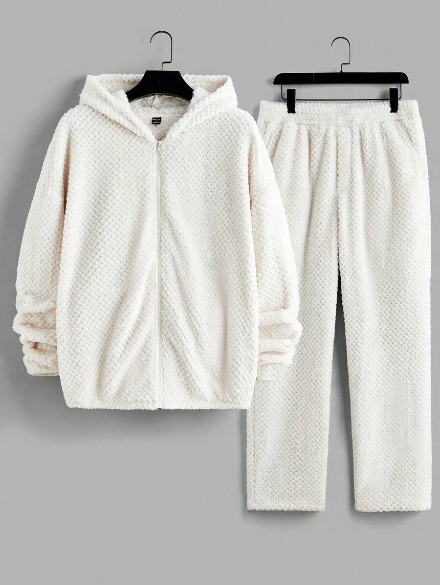 Manfinity VCAY 2pcs Men's Casual Knitted Loose Fit Long Sleeve Hoodie Jacket & Elastic Waist Straight Leg Pants Set, Young Style, For Fall Winter