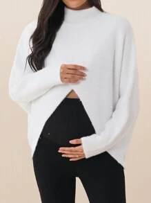 SHEIN Women Turtleneck Long Sleeve Crossed Hem Pullover Sweater Dress, Solid Color, Suitable For Pregnancy, Autumn/Winter, For Maternity - White - View 10