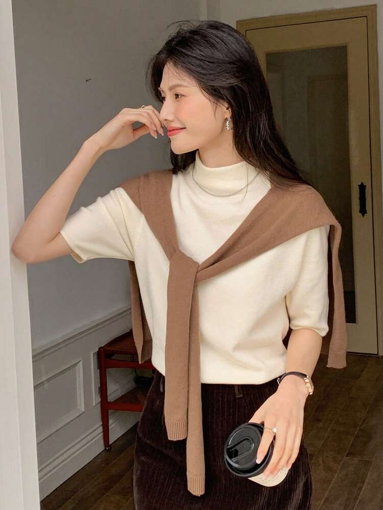 2 Pcs/Set Women Solid Color Stand Collar Short Sleeve Knit Top And Cape