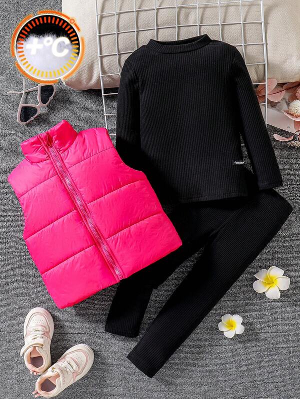 SHEIN Explorewe Young Girls Set: 1pc White Cropped Collar Padded Padded Vest + 1pc Violet Ribbed Cotton Long Sleeve T-Shirt + 1pc Leggings,Suitable For Winter, Casual, Home, Daily Outing, School, Family Gathering, Streetwear, Sports