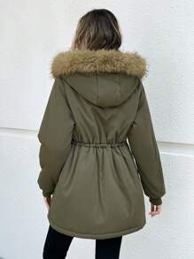 EMERY ROSE Women Fluffy Patchwork Hooded Padded Coat Coat, Winter - Army Green - View 3