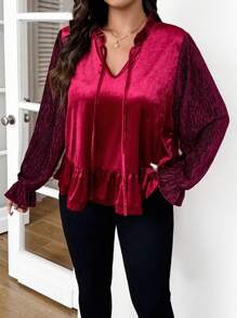 SHEIN Frenchy Plus Size Casual Solid Burgundy Loose Fit V-Neck Ruffle Hem Tie Front Velvet Blouse, Suitable For Parties, Gatherings, Dates, Autumn/Winter - Burgundy - View 6