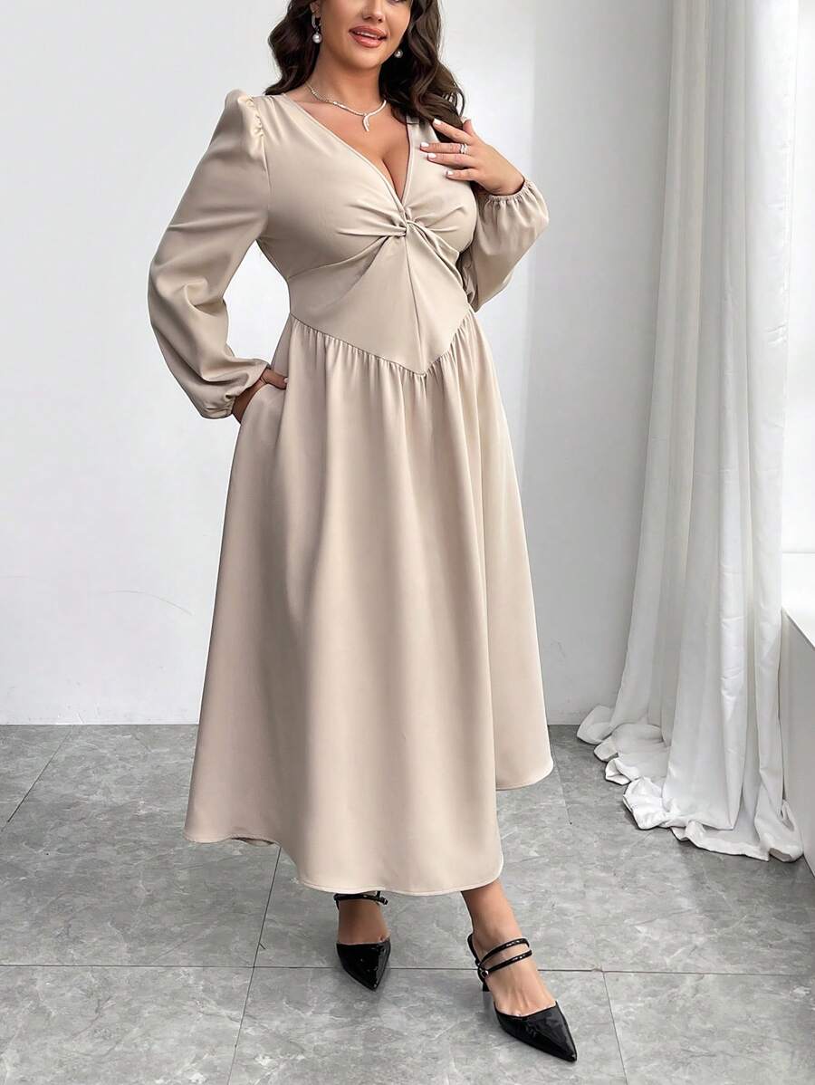 SHEIN Privé Plus Size Women Elegant Minimalist Loose Lantern Sleeve A-Line Dress, Twist Bust Design, Suitable For Date Night & Party, Autumn/Winter