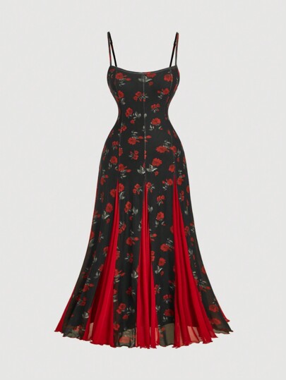 SHEIN MOD Plus Size Retro Romantic Floral Mesh Contrast Maxi Cami Sundress, For Summer,Beach Dress Sundress,Holiday Outfits Boho