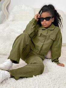 SHEIN 2pcs Tween Girl Casual Vintage College Style Corduroy Jacket & Skirt Set