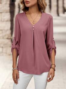 EMERY ROSE Women's Elegant V-Neck Blouse, Autumn - Pink - View 4