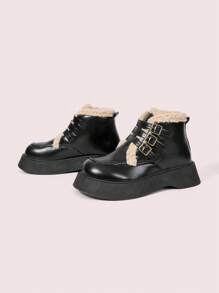 CUCCOO DOLLMOD European And American Style Black Fuzzy Cuff Warm Leather Boots With Chunky Heel And Platform, Ankle And Short Length Gothic Boots For Women For Christmas And New Year Holiday