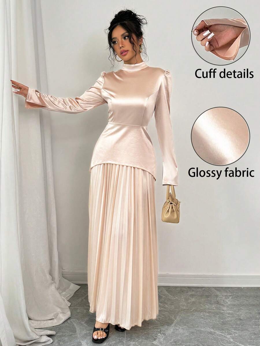 Chiquease 1set Knitted Mock Neck Long Sleeve Top With Split Cuff & Pleated Skirt - Black - View 1