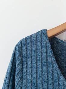 EMERY ROSE Plus Size Winter Women Blue Crew Neck Long Sleeve Ribbed Casual T-Shirt