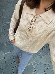 SHEIN Frenchy Women Solid Color Front Tie Cable Casual Versatile Long Sleeve Sweater