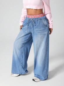 Jeanoix Y2K Style Faded Plaid Patchwork Loose Wide Leg Long Denim Jeans - Light Wash - View 5