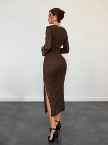 Aloruh Women's Elegant Long Sleeve Midi Dress, Vintage Lace V-Neck Fitted Cocktail Party Dress, Chocolate Brown Color