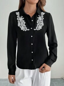 SHEIN Privé Damer Casual Lace Patchwork Front Button Shirt, höst - Svart - Visa 5