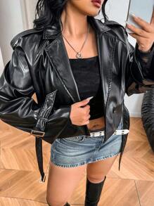 SHEIN EZwear Abrigo informal de talla grande con solapa y doble abotonadura, ideal para otoño