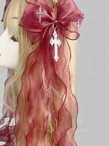 ROMWE Goth Bow Knot Net Hair Clip Suitable For Holiday Wear Claw Clips Hair Claws Hair Barrettes - Burgundy - View 2