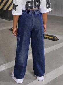 SHEIN Sparklyn Tween Girl Casual Versatile All-Match Loose Wide Leg Washed Denim Cargo Pants Summer Holiday - Dark Wash - View 2