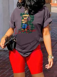 SHEIN Slayr Women's Cartoon Animal Pattern Round Neck Regular T-Shirt - Grey - View 4