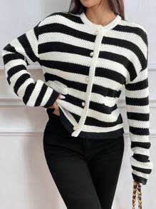 SHEIN LUNE Chaqueta tipo cardigan casual con botones delanteros a rayas, adecuado para el uso diario en otoño/invierno