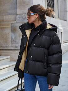 EURMUSE Coat With Zipper, Hood, Puffer Thick, Double Faced - Krem - View 4