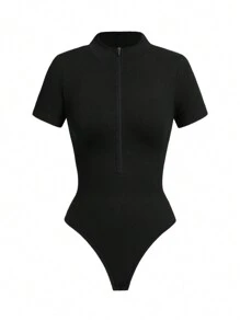 Seamless Yoga/Zipper Collar Design/Vertical Stripe Texture/Sports Yoga/Outdoor Running Fitness Jumpsuit - Black - View 1