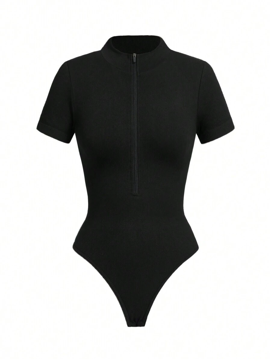 Seamless Yoga/Zipper Collar Design/Vertical Stripe Texture/Sports Yoga/Outdoor Running Fitness Jumpsuit - Black - View 1