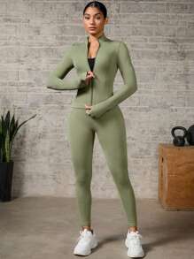 SHEIN Yoga Basic Women Solid Color Long Sleeve Top And Leggings Skinny Fit Sports Set Gym Setwomen Workout Set Women Leggings Set - Green - View 5