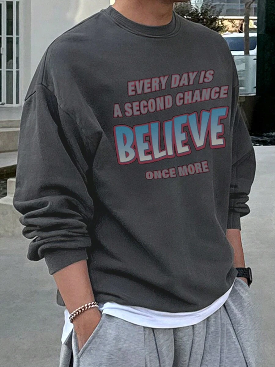 DAZY Men's Casual Loose Letter Print Sweatshirt, Autumn - Grey - View 1