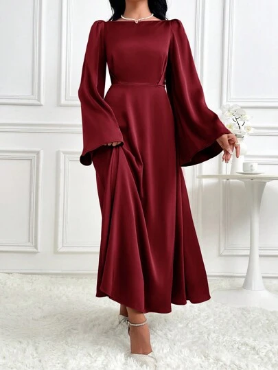Modelyn Women Solid Color Long Sleeve Cinched Waist Simple Casual Ankle Length Modest Dress, Burgundy Modest Party Dress Long Evening Dresses