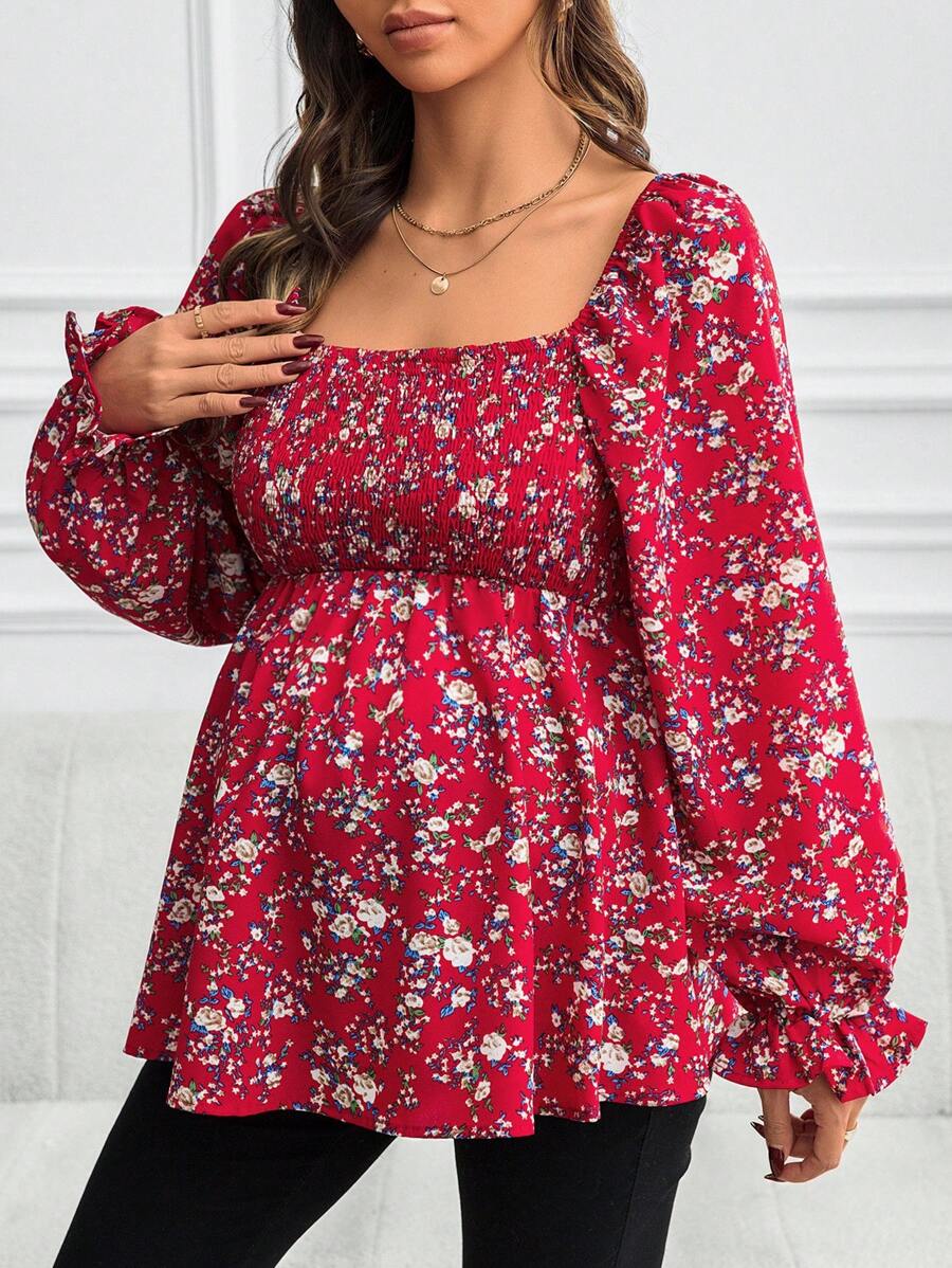 SHEIN 孕妇装 女士碎花灯笼袖衬衫，春季 - 紅色 - 查看 1