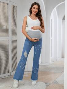 SHEIN Pregnant Women Elastic Distressed Fringe Hem Casual Flare Leg Jeans - Light Wash - View 3