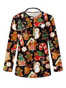 PopScrub Women Colorful Cute Cartoon Animal Christmas Lucky Gingerbread Men Print Nurse Scrub Uniform Jacket For With Pockets Lab Coat Scrub Uniforms Top - Multicolor - View 1