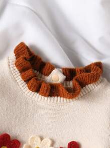 SHEIN Vintaside Kids 女婴时尚可爱百搭针织连体衣，秋冬新品。手工制作的 3D 花卉装饰，撞色荷叶边领，特殊撞色花卉袖口，后背按扣方便穿着，柔软面料。浅桃色调，北欧风格，自然甜美。桃色和棕色的对比色充满田园甜美和优雅。 - 彩色 - 查看 3