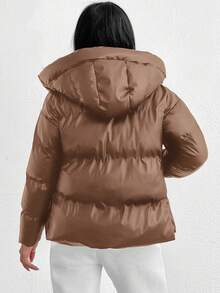 EURMUSE Petite Women's Zip Up Hooded Padded Coat Made Of PU Fabric - Camel - View 2