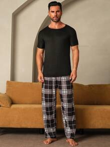Manfinity Underwear&Sleepwear Basics Men's Plaid Print Drawstring Waist Loose Straight Leg Home Pants