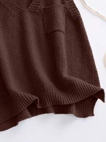 SHEIN LUNE 女士纯色 V 领休闲宽松口袋毛衣背心，秋冬 - 咖啡棕 - 查看 3